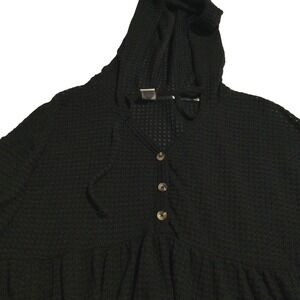 SO Womens Black Waffle Knit Babydoll Henley Hoodie Peplum Top‎ Medium